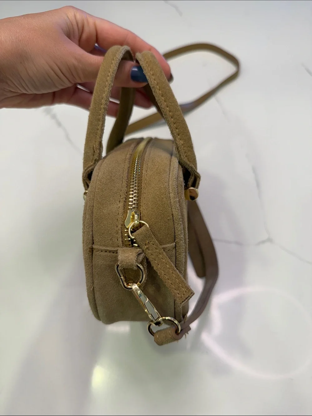 Suede Crossbody Mini Satchel in Light Brown